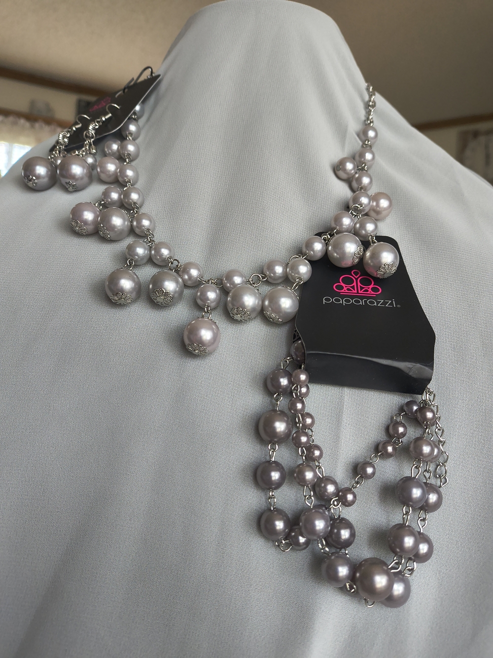 Paparazzi Silver-Gray Multi-Strand Pearl Necklace And Bracelet Set Earrings
